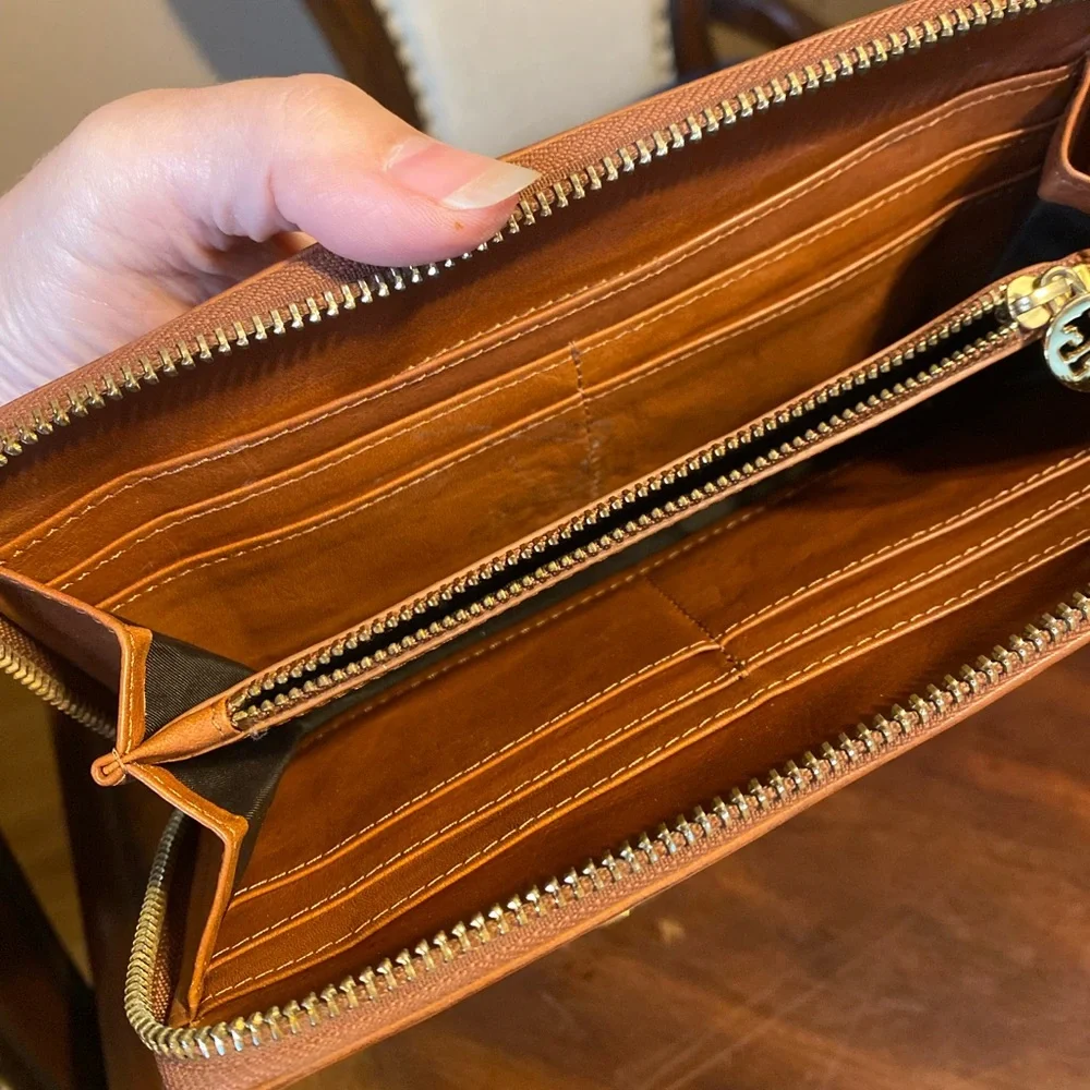 Tory Burch Orange Leather Logo Chain Clutch